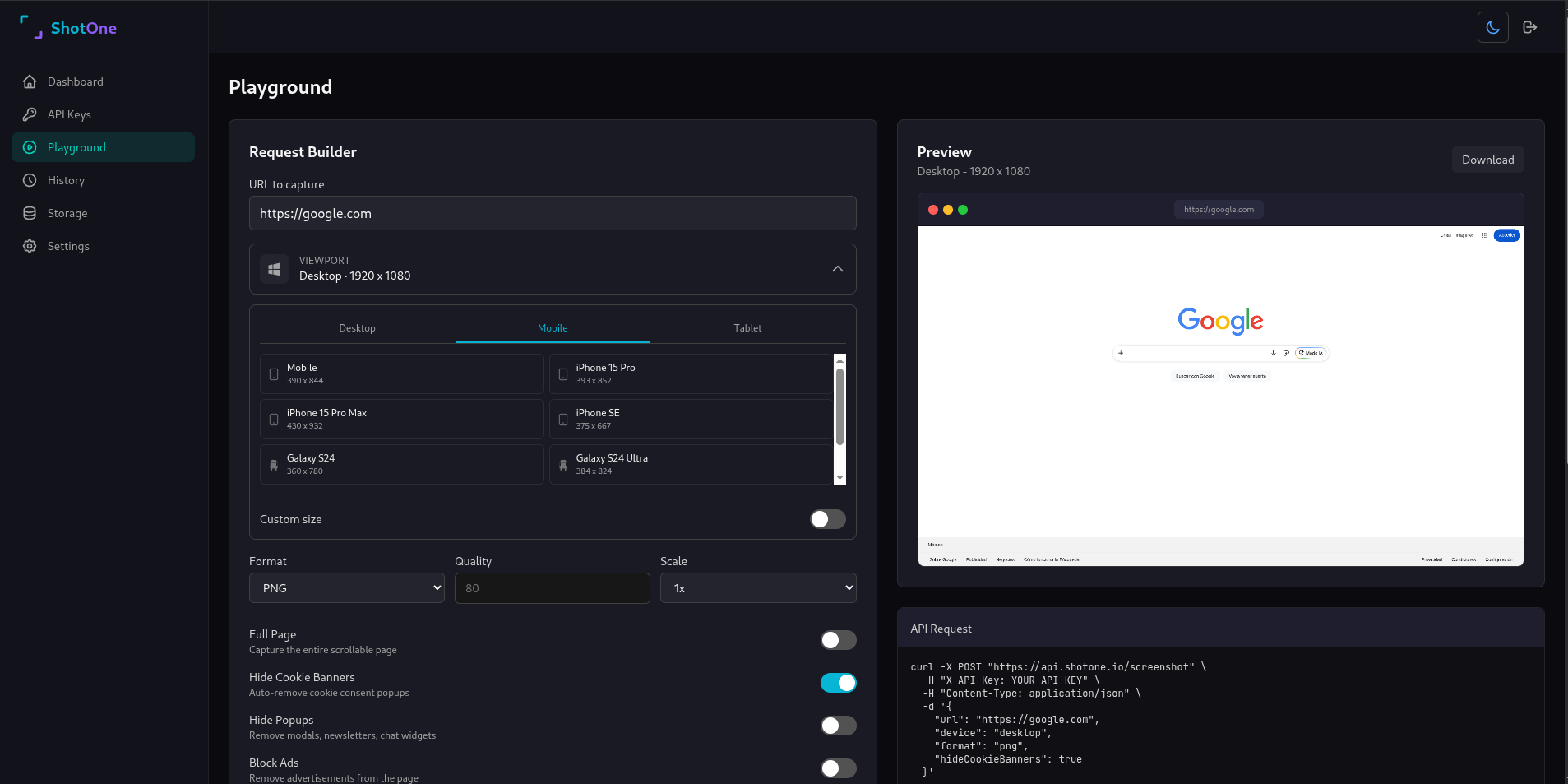 Live Playground - Test configurations visually before using the API. Preview results and copy the code.